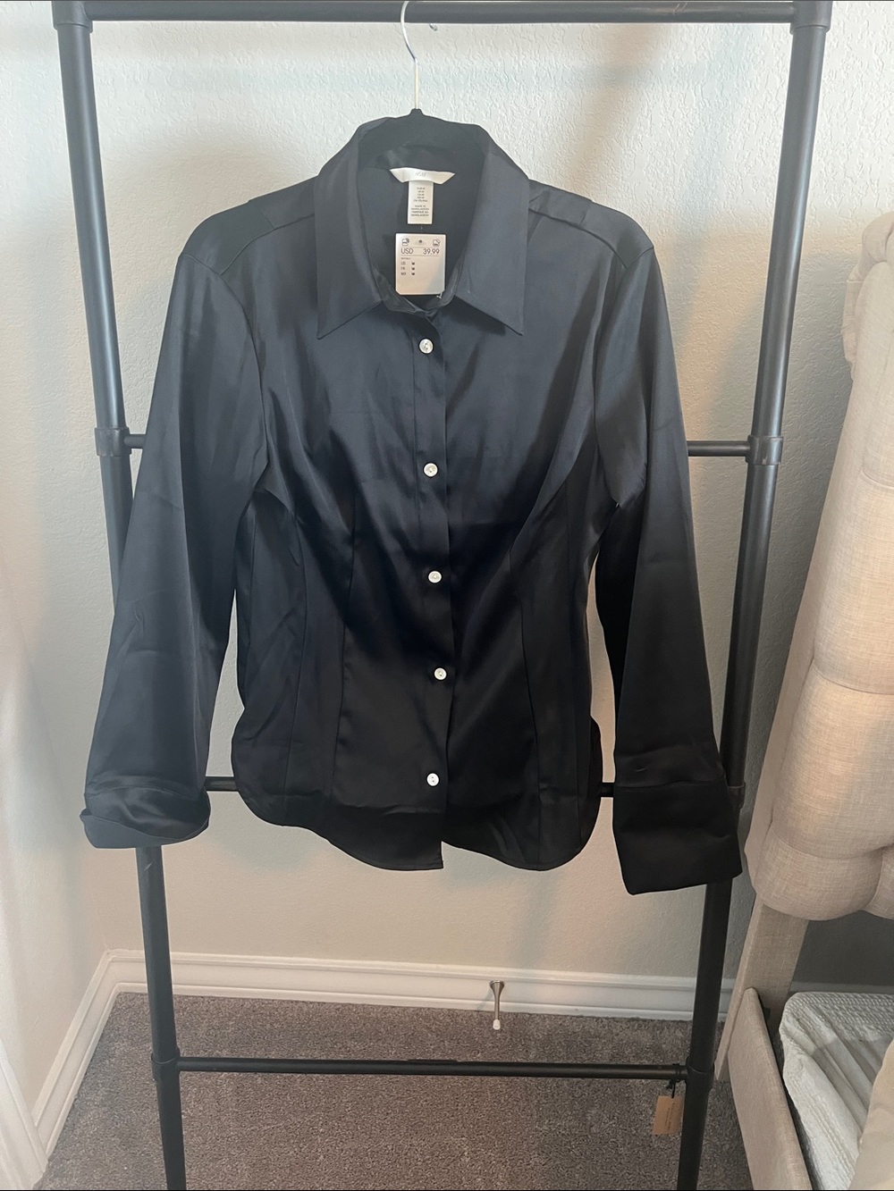 H&M Black Satin Button-Front Dress Shirt